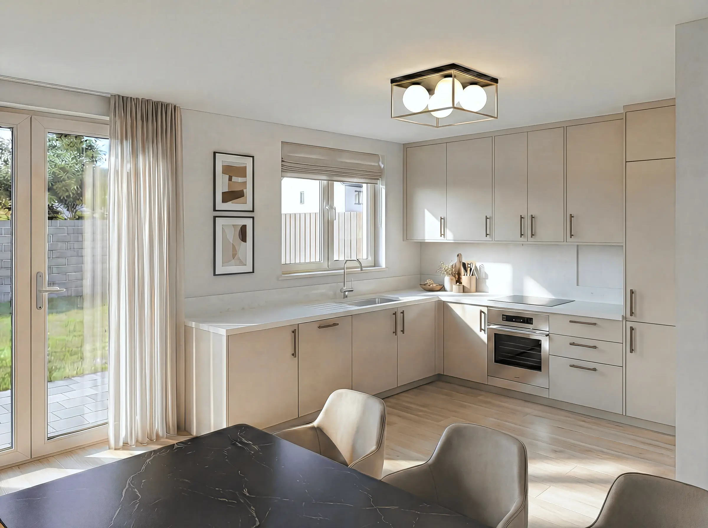 Computer-generated view of the kitchen and dining room in a Springwood A1 home