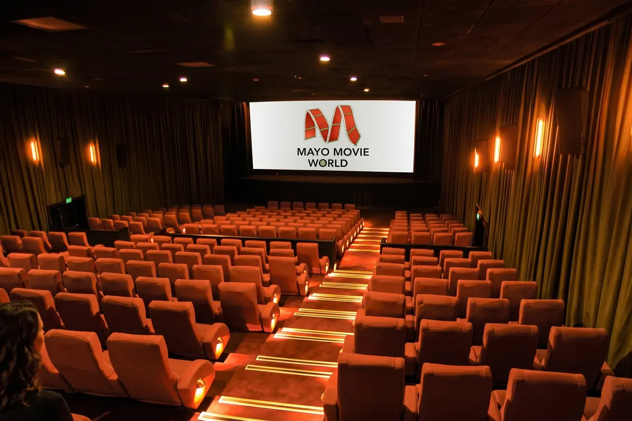Rows of seating facing the screen in the Mayo Movie World cinema