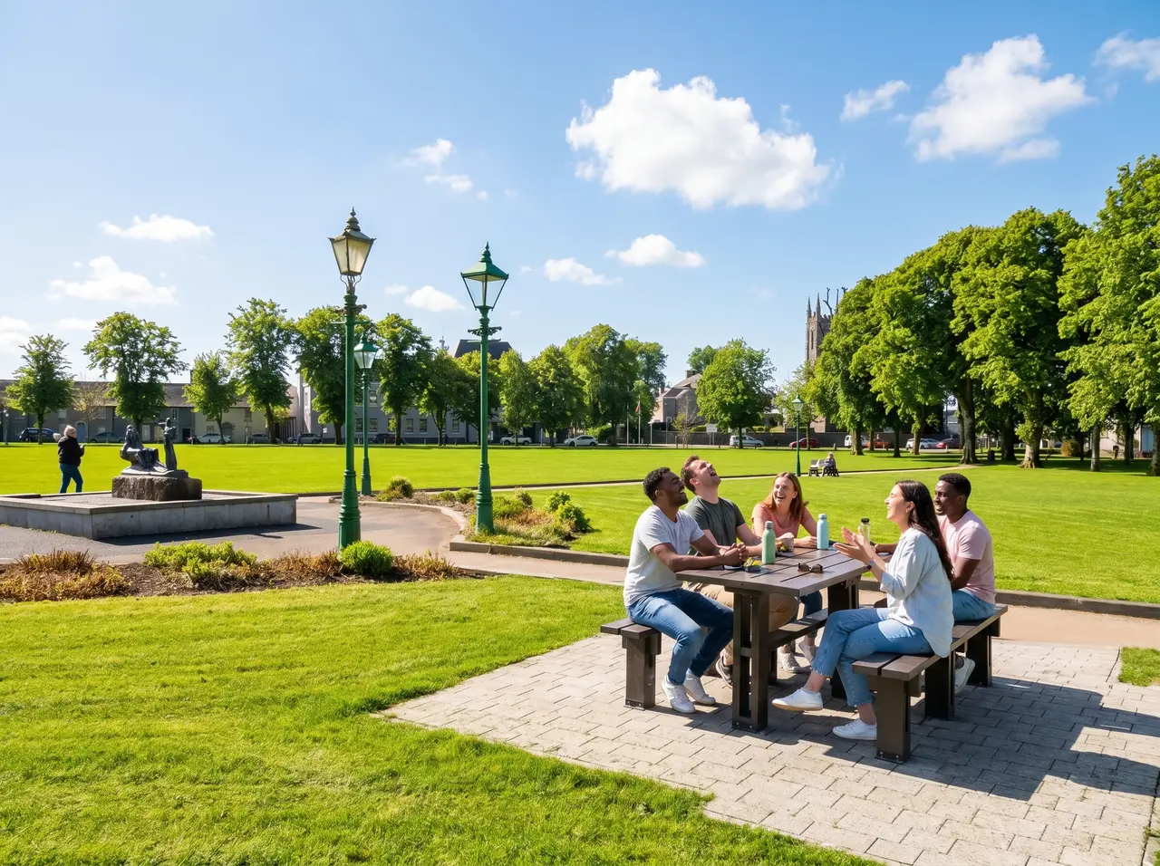 Picnic benches on a paved area beside a park lake