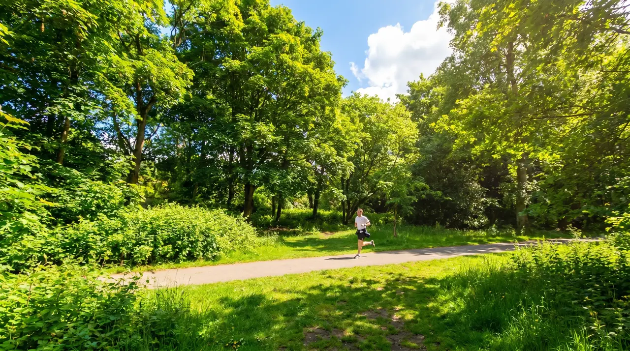A sunlit path running through mature woodland