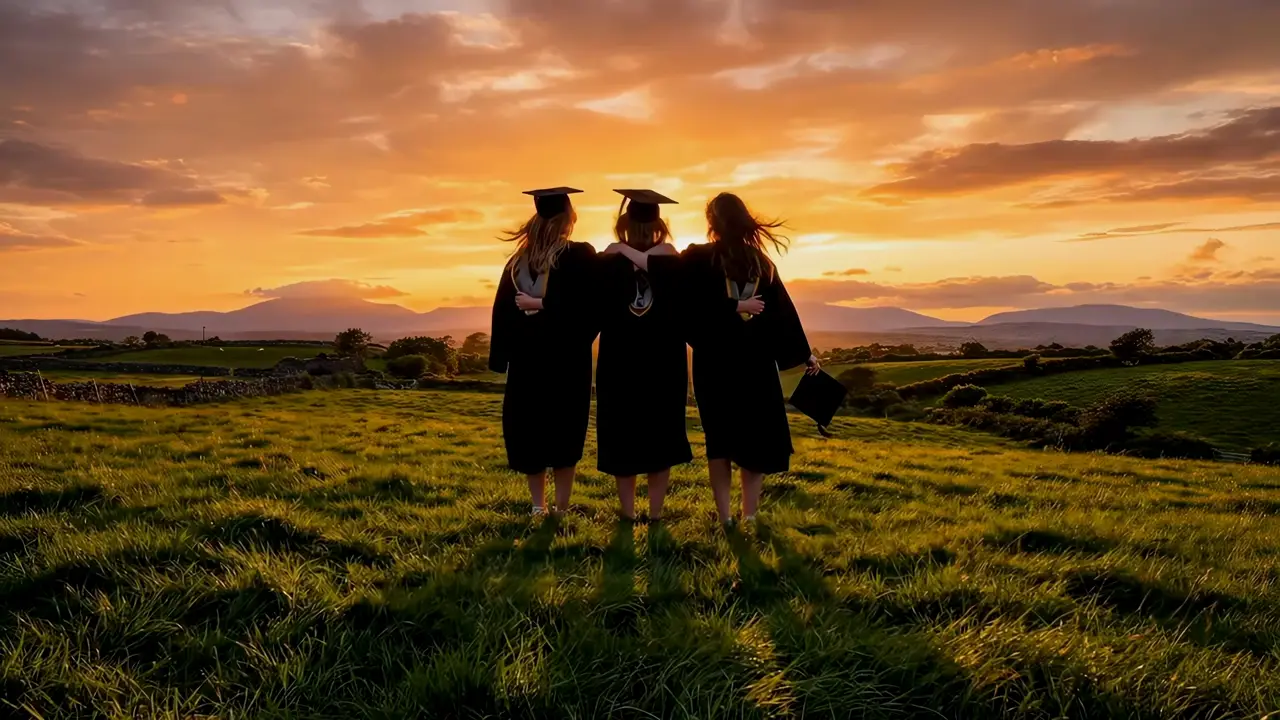 Three graduates in gowns walking into a sunset