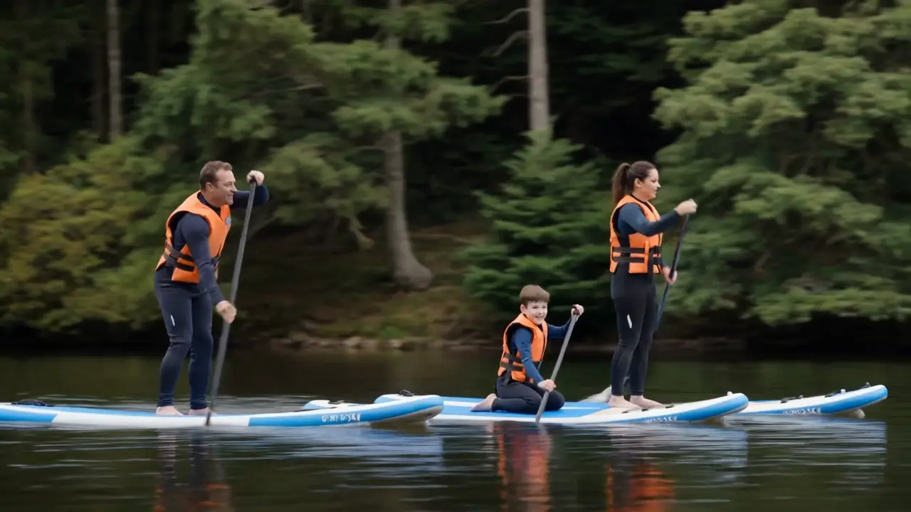 A family paddleboarding on the lake