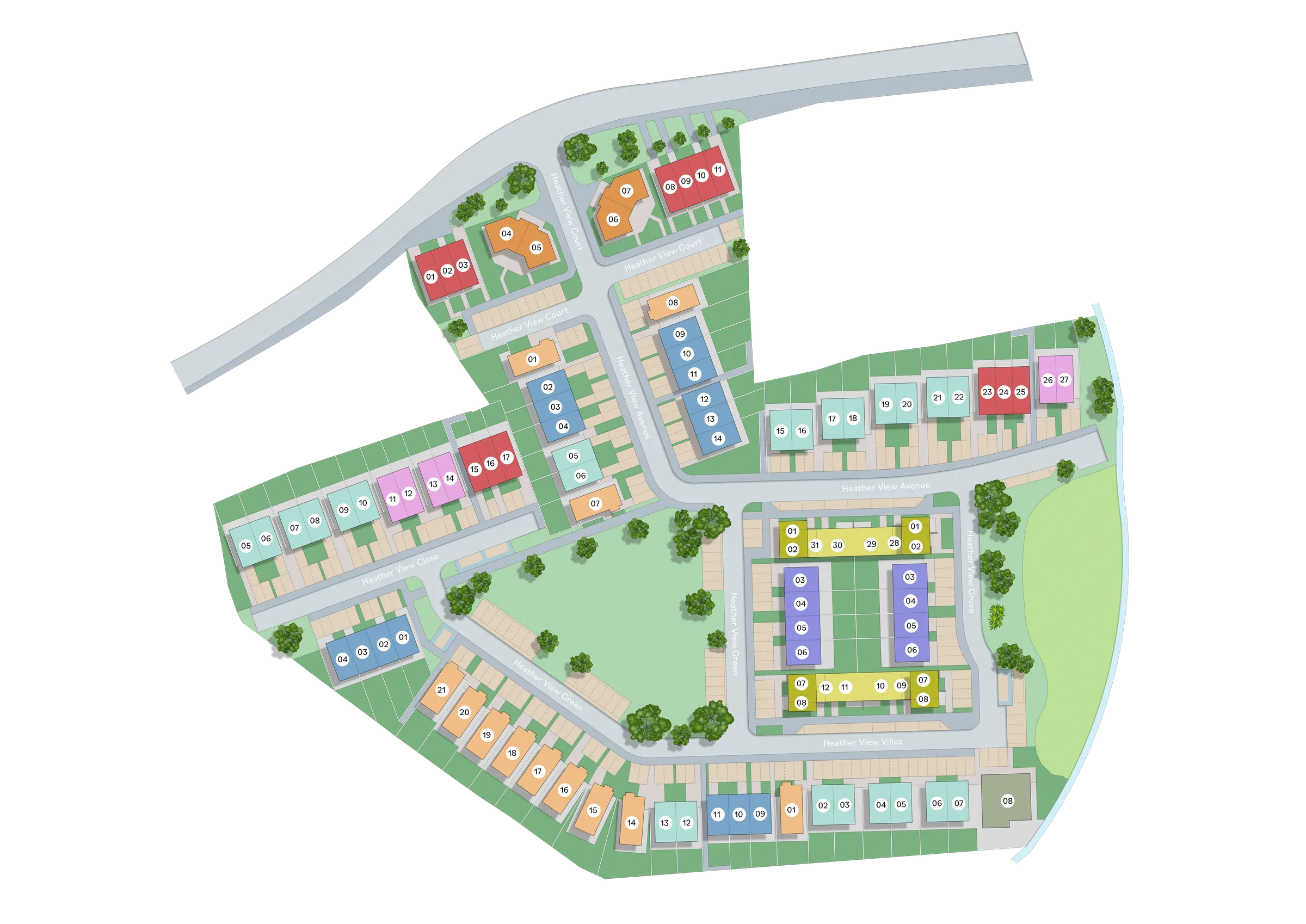 Site plan of Heather View showing all 99 plots across six streets
